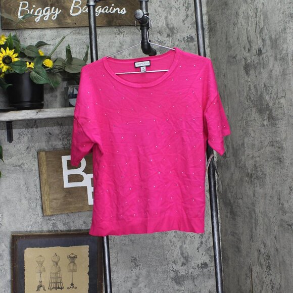 NWT Sam & Jess Short-Sleeve Embellished Sweater TA93148768AS Electric Pink M - Picture 5 of 9